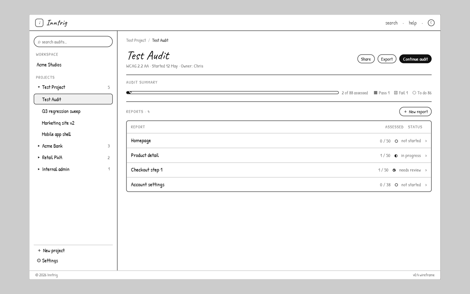 Inntrig wireframe, sidebar and audit detail, 1 of 3.