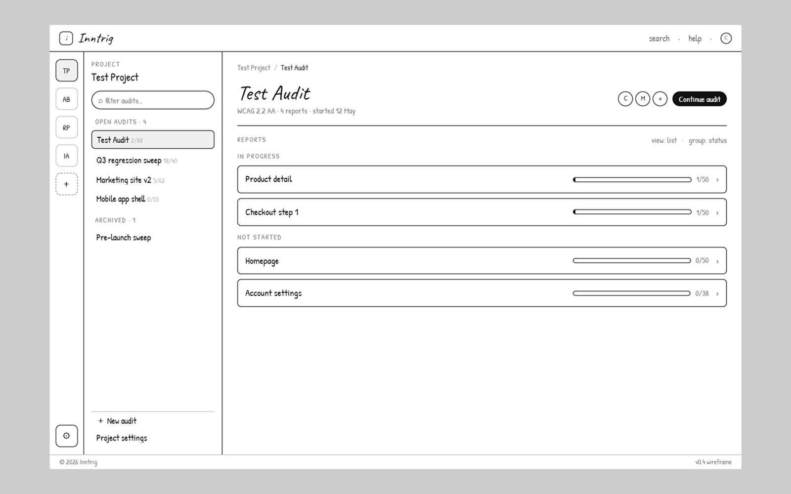 Inntrig wireframe, sidebar and audit detail, 3 of 3.