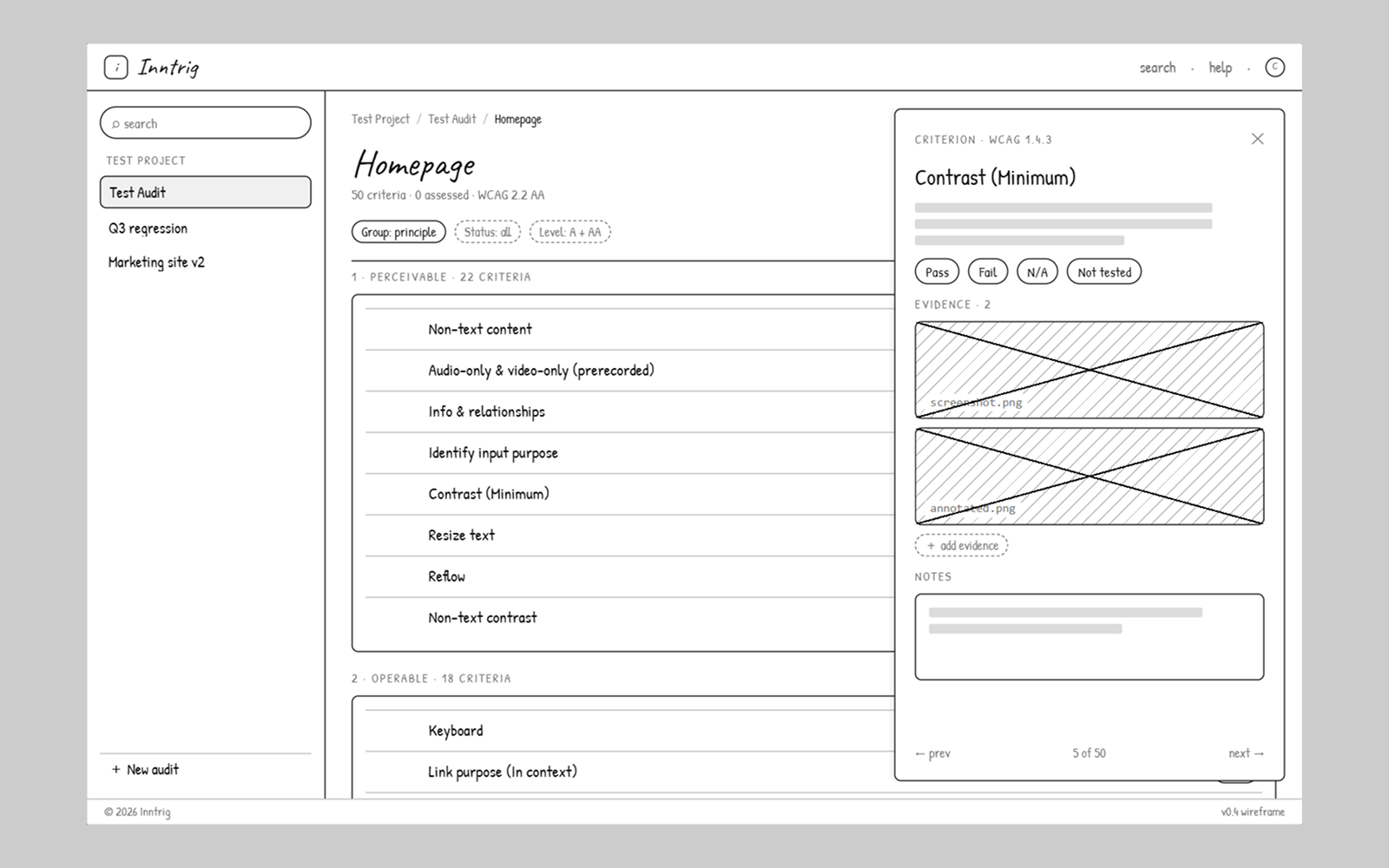 Inntrig wireframe, full audit detail, 1 of 3.