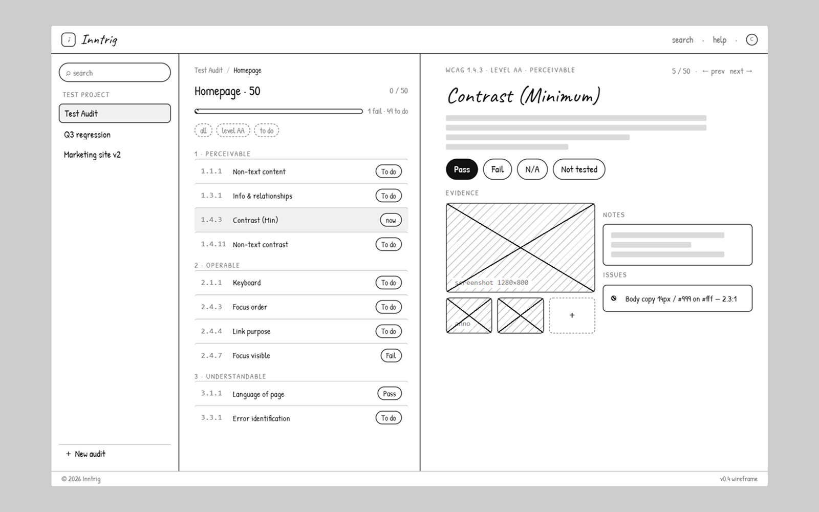 Inntrig wireframe, full audit detail, 2 of 3.