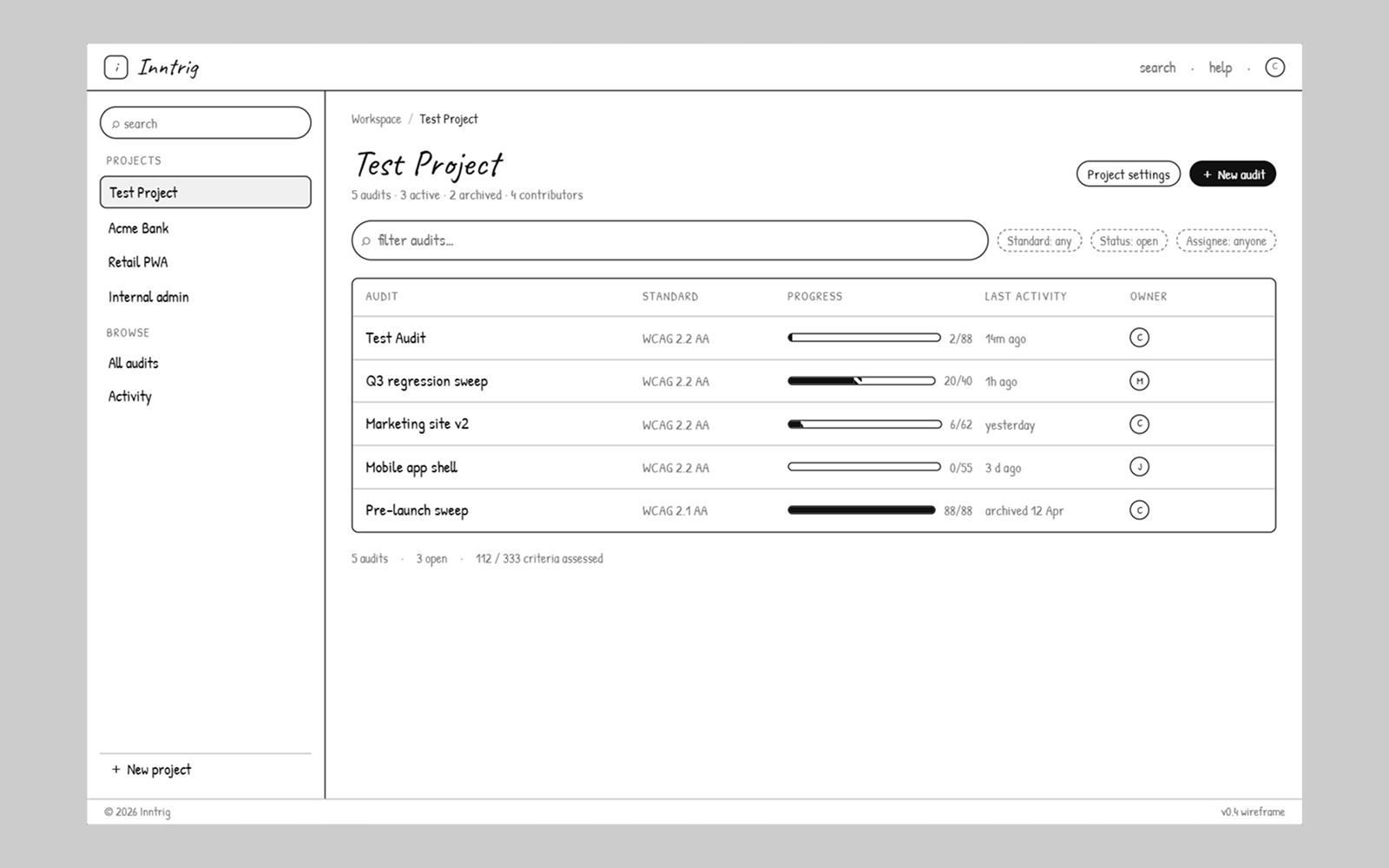 Inntrig wireframe, reports list and criteria drill-down, 1 of 3.