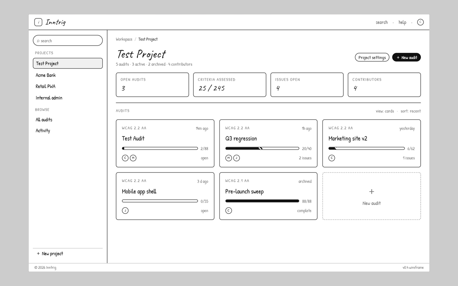Inntrig wireframe, reports list and criteria drill-down, 2 of 3.