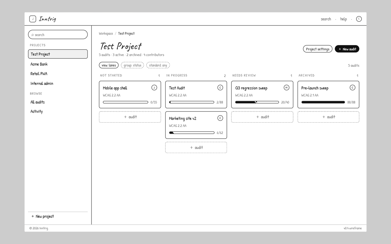 Inntrig wireframe, reports list and criteria drill-down, 3 of 3.