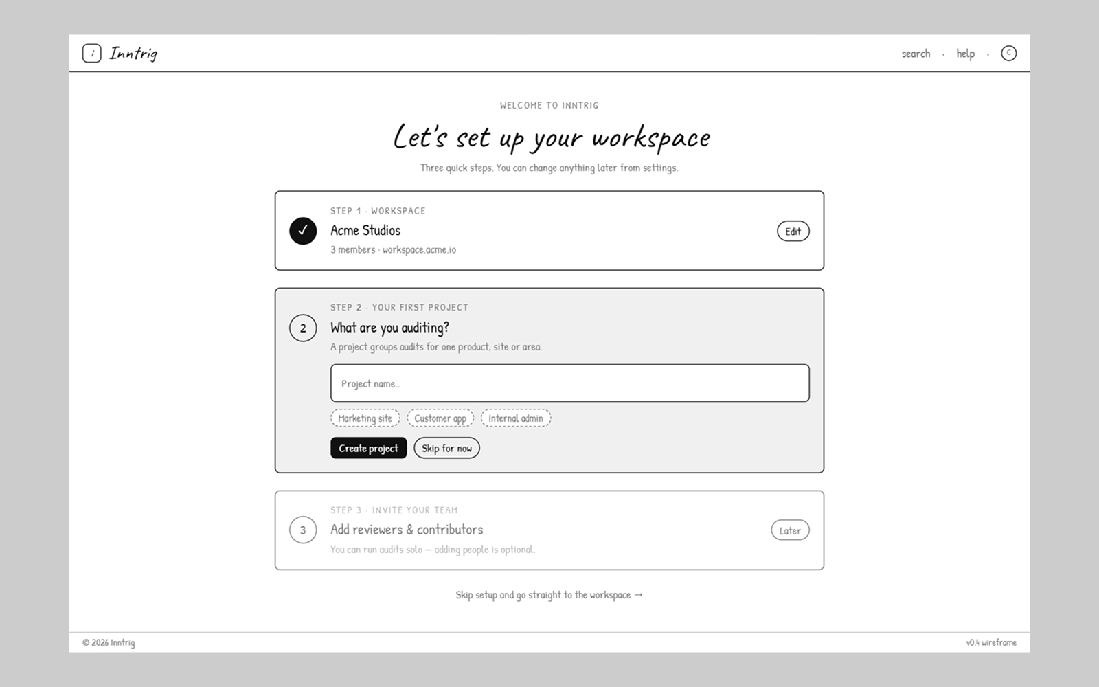 Inntrig wireframe, project dashboard and audit list, 1 of 3.