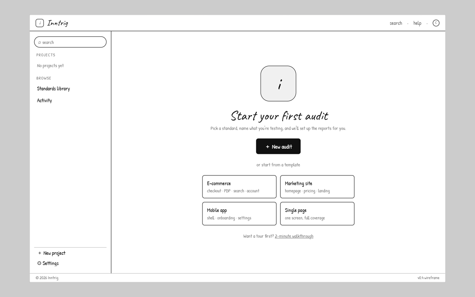 Inntrig wireframe, project dashboard and audit list, 2 of 3.
