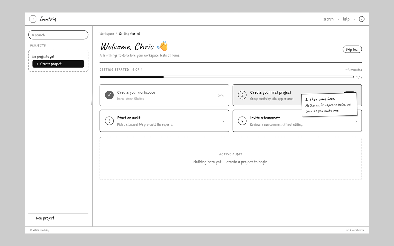 Inntrig wireframe, project dashboard and audit list, 3 of 3.